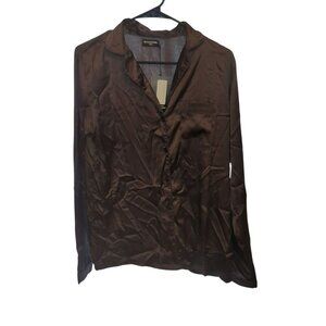 Pretty Little Thing Tall Women's Size 8 Brown Silky Long Sleeve Pajama Blouse